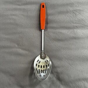 Vintage Ekco USA Slotted Stainless Serving Spoon Orange‎ Handle 12" Color